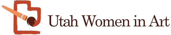 Logo for Utah Women in Art featuring a paintbrush painting a red outline of the state of Utah.